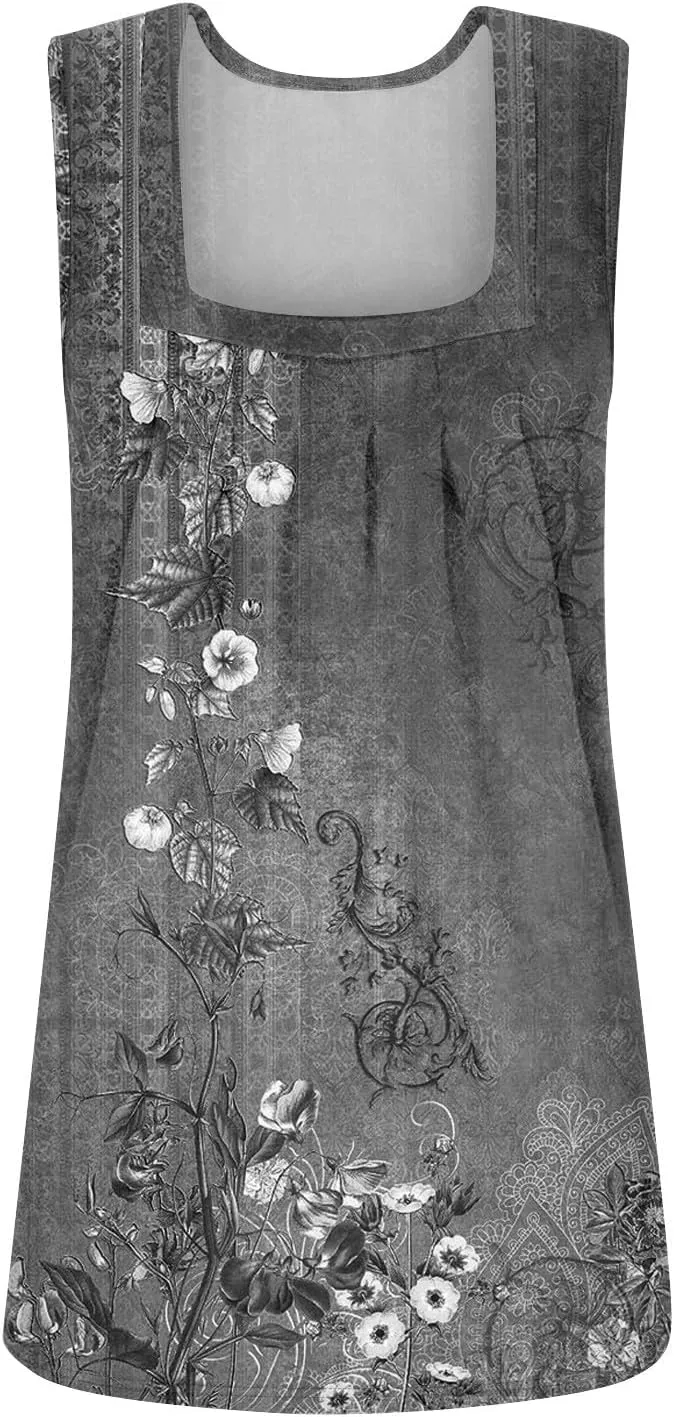 Tank Top for Women Summer 2025 Sleeveless Blouses Pleated Square Neck Casual Loose Fit Flowy Shirts Tunics