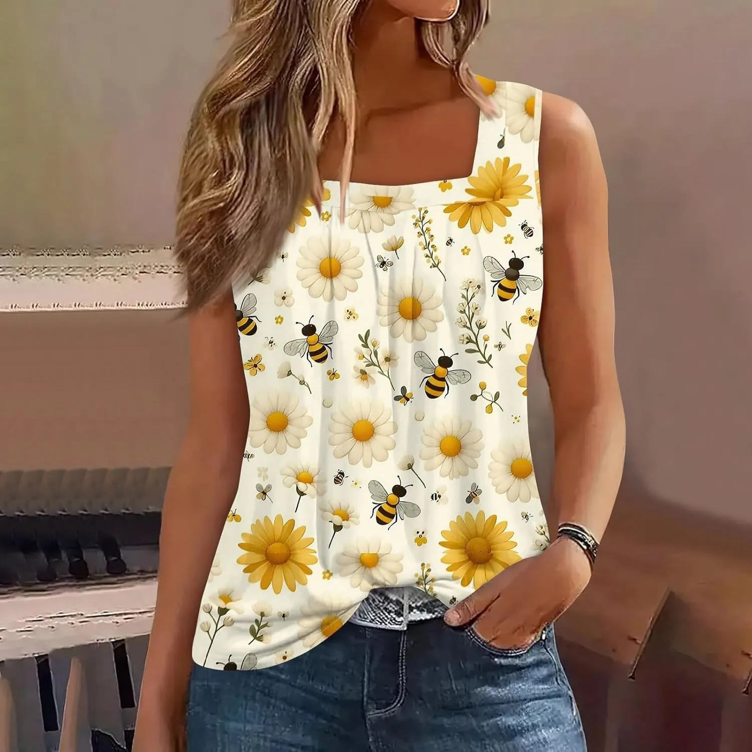Tank Top for Women Summer 2025 Sleeveless Blouses Pleated Square Neck Casual Loose Fit Flowy Shirts Tunics