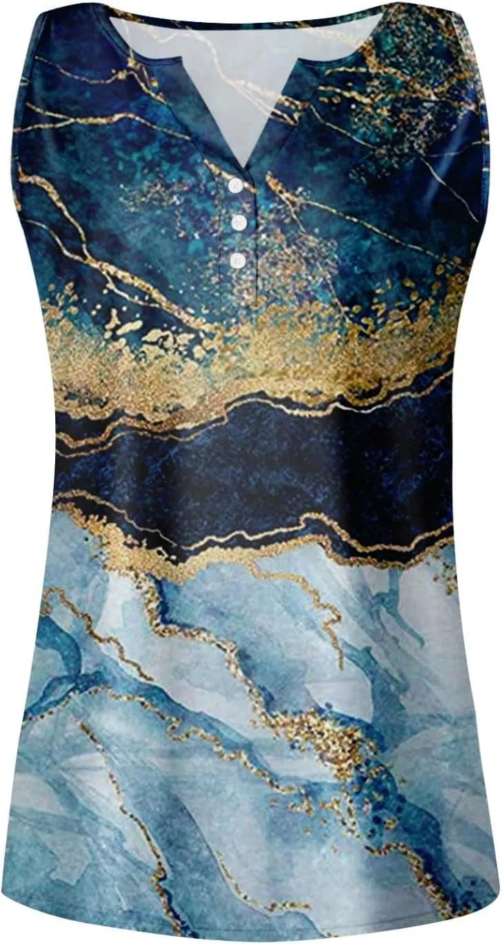 Tank Tops for Women Henley V Neck Printed Shirts 2025 Summer Casual Loose Fit Sleeveless Cute Basic Tanks Tee