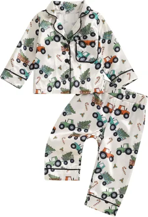 Toddler Baby Girl Boy Christmas Silk Satin Pajamas Santa Button Pjs Kids Long Sleeve Shirt Pants Xmas Pjs Sleepwear