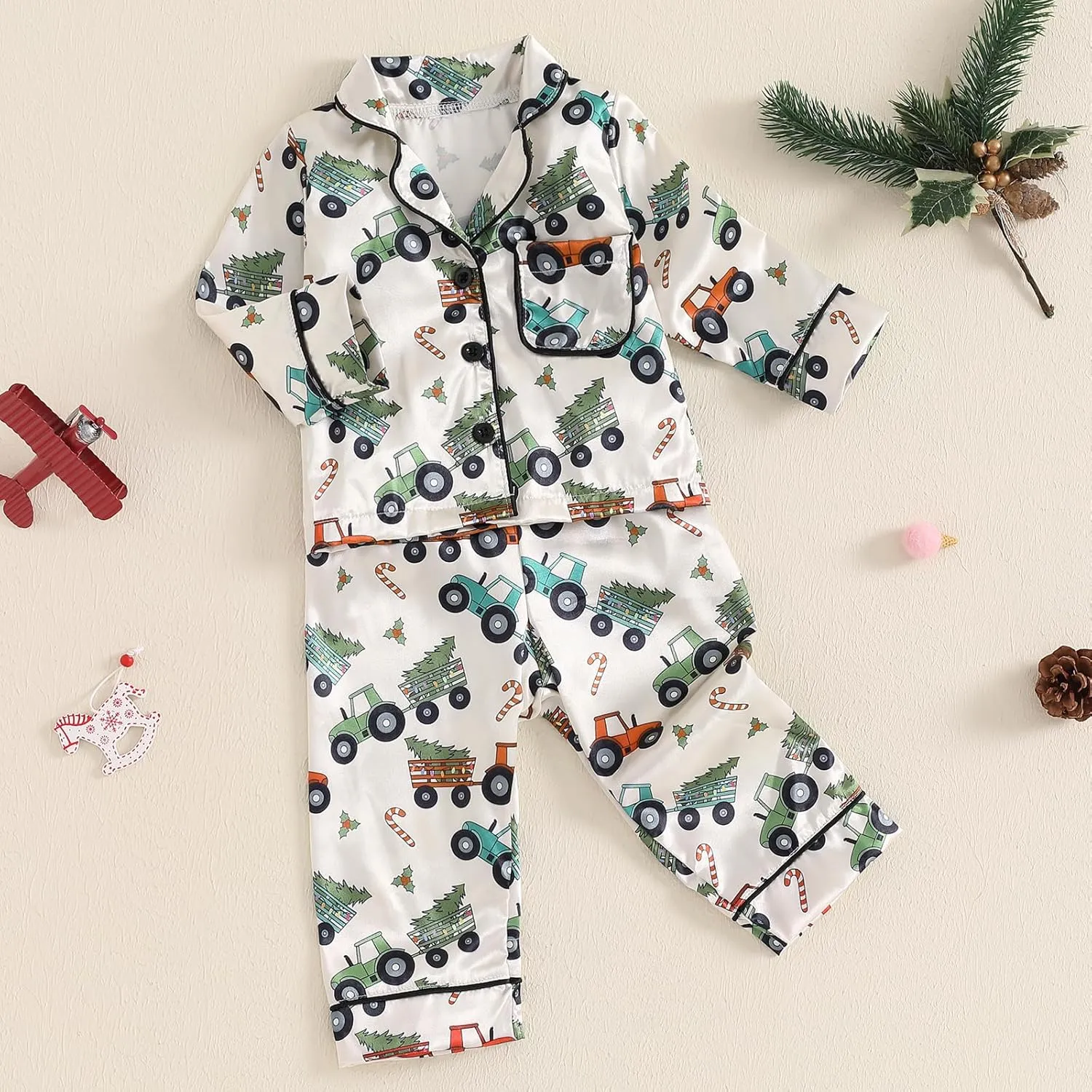 Toddler Baby Girl Boy Christmas Silk Satin Pajamas Santa Button Pjs Kids Long Sleeve Shirt Pants Xmas Pjs Sleepwear