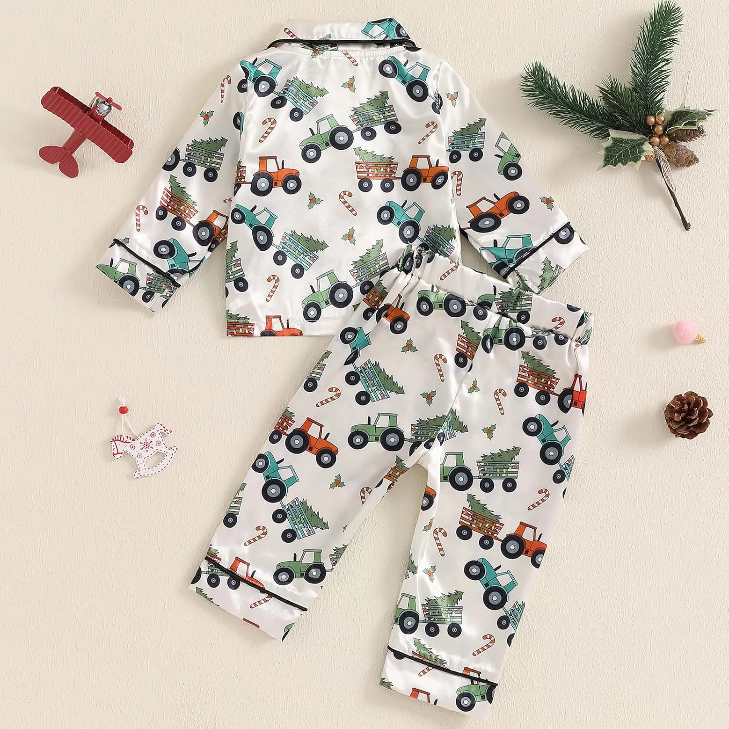 Toddler Baby Girl Boy Christmas Silk Satin Pajamas Santa Button Pjs Kids Long Sleeve Shirt Pants Xmas Pjs Sleepwear