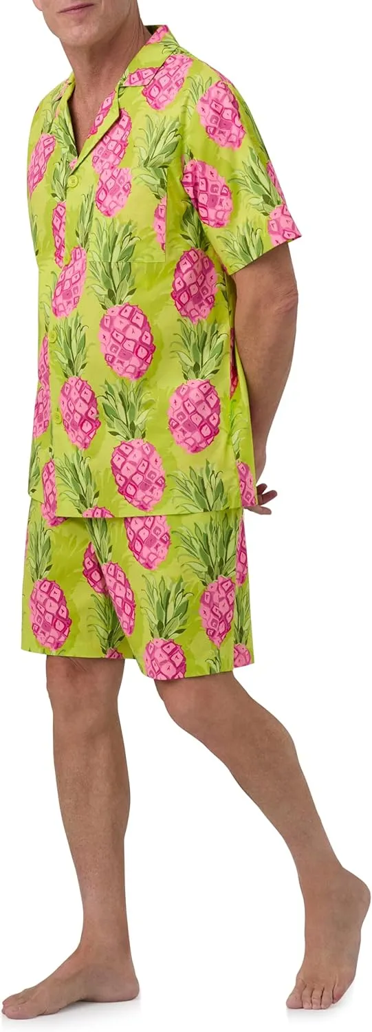 Trina Turk x BedHead Pajamas Mens, Lightweight Organic Cotton Short Sleeve Button Down Shorts Lounge Set