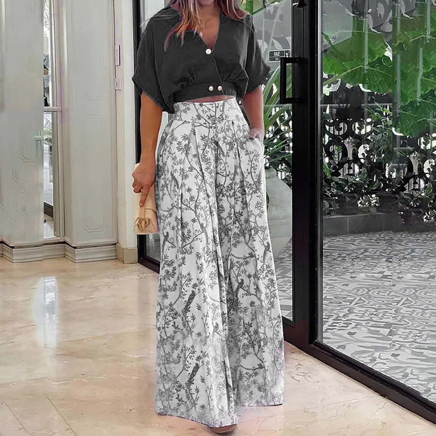 Two Piece Sets for Women Summer Short Sleeve V Neck Sexy Crop Tops Matching Print Wide Leg Pants Set Lounge Sets