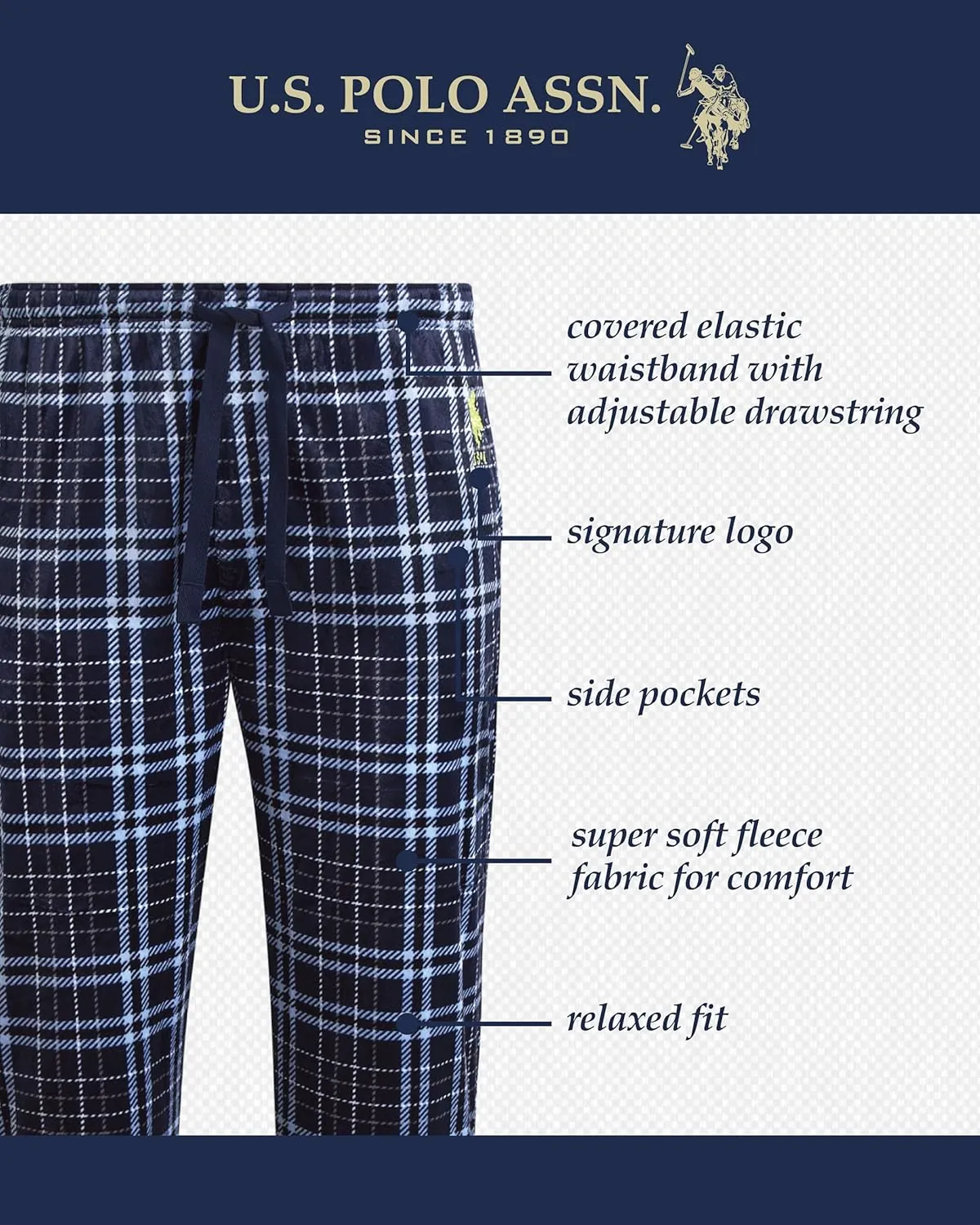 U.S. Polo Assn. Men's Pajama Pants - Soft Fleece Plaid Lounge Pants Sleepwear Bottoms for Men with Pockets (Sizes: S-XL)