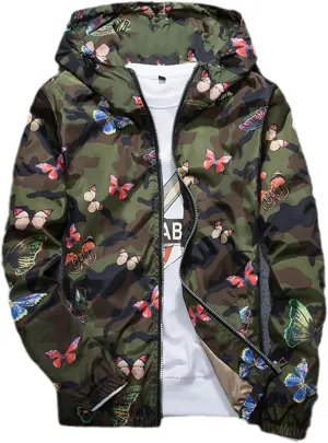 USTZFTBCL Men Women Hooded Jacket Casual Printed Camo Jacket Men Butterfly Camo Varsity Jacket Male Windbreaker Coat