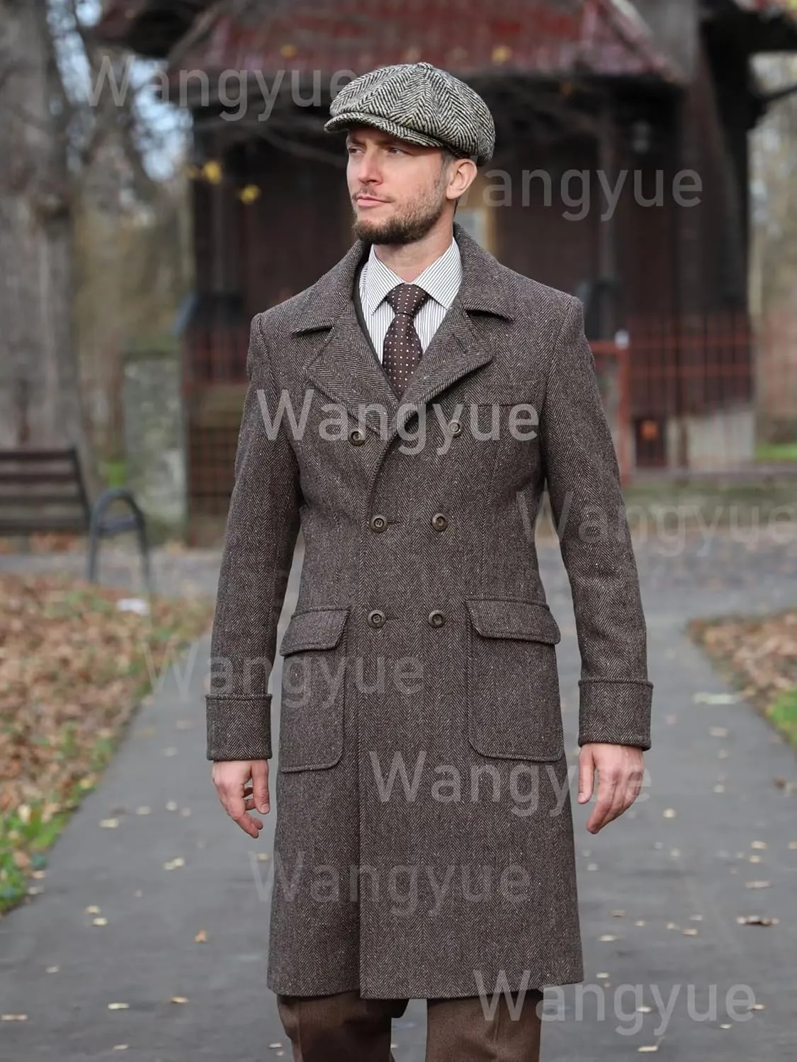 Wangyue Tweed Trench Coat Men Double Breasted Pea Coats Notch Collar Herringbone Tweed Overcoats Slim Fit Winter Wedding