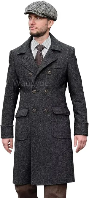 Wangyue Tweed Trench Coat Men Double Breasted Pea Coats Notch Collar Herringbone Tweed Overcoats Slim Fit Winter Wedding