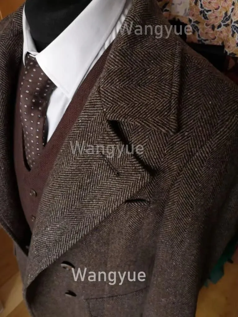 Wangyue Tweed Trench Coat Men Double Breasted Pea Coats Notch Collar Herringbone Tweed Overcoats Slim Fit Winter Wedding
