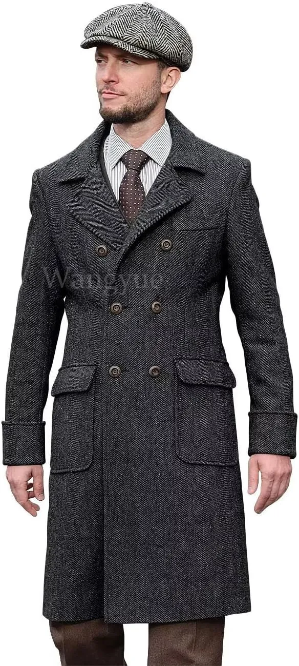 Wangyue Tweed Trench Coat Men Double Breasted Pea Coats Notch Collar Herringbone Tweed Overcoats Slim Fit Winter Wedding
