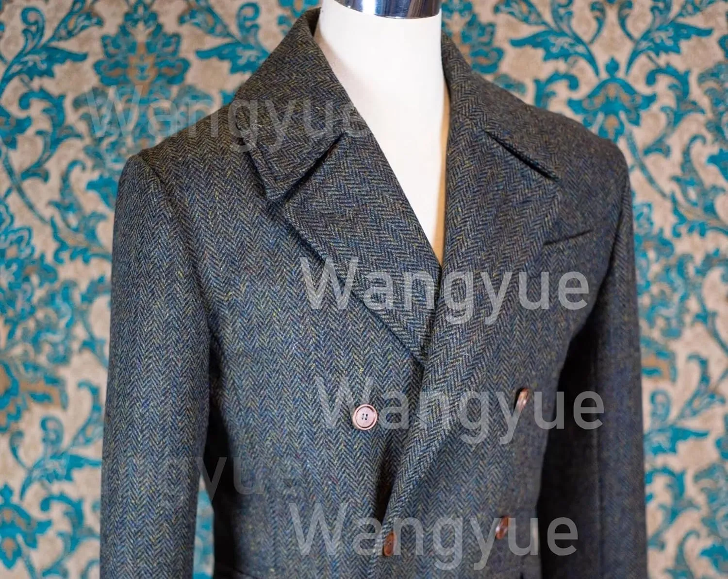 Wangyue Tweed Trench Coat Men Double Breasted Pea Coats Notch Collar Herringbone Tweed Overcoats Slim Fit Winter Wedding