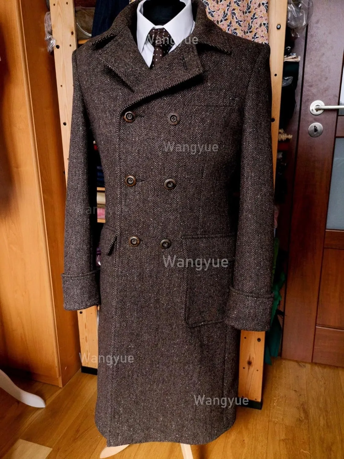 Wangyue Tweed Trench Coat Men Double Breasted Pea Coats Notch Collar Herringbone Tweed Overcoats Slim Fit Winter Wedding