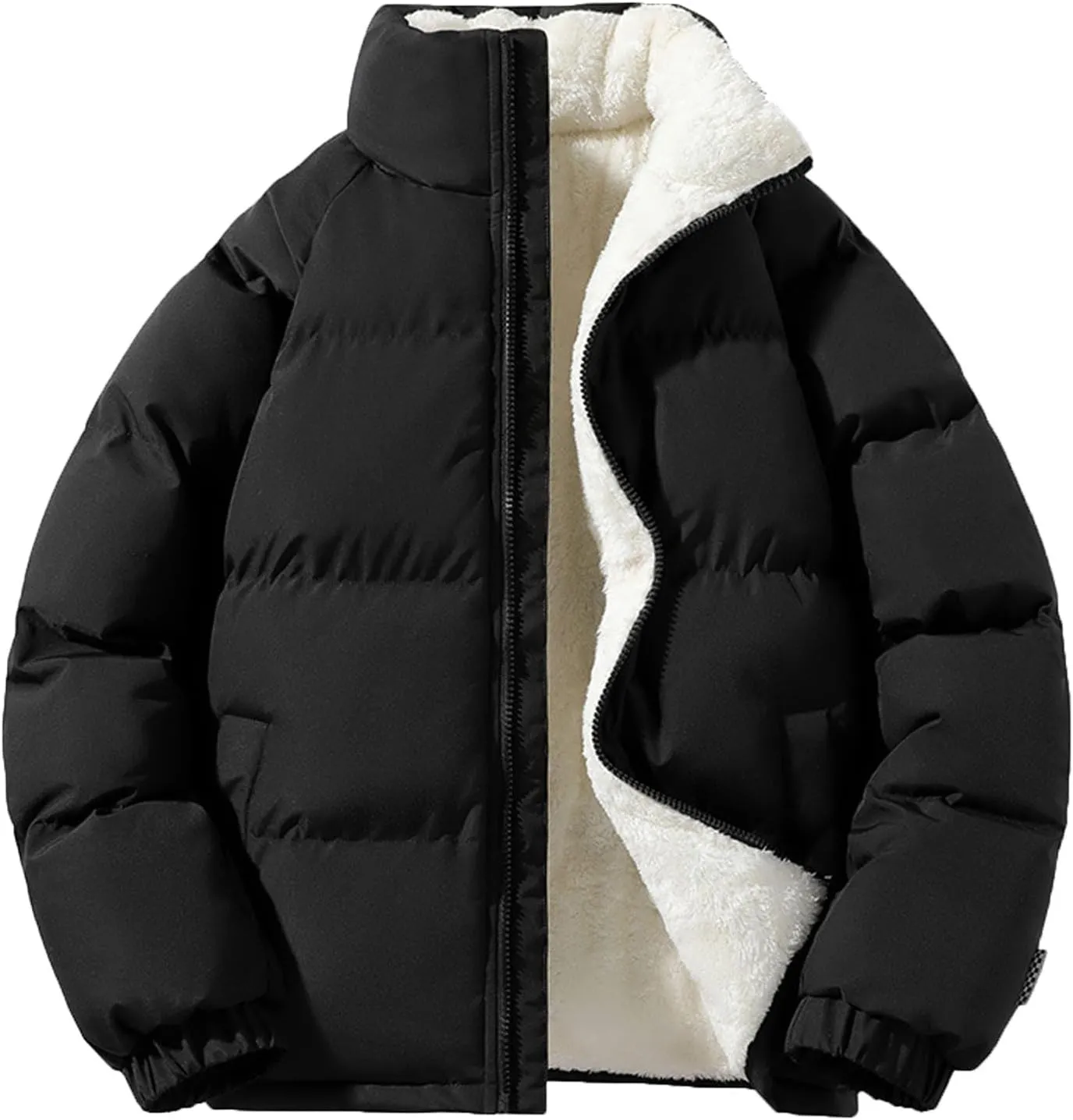 WENKOMG1 Down Jacket for Men Long Sleeve Winter Fall Lightweight Sherpa Lined Outerwear Zip Up Insulated Puffer Jacket
