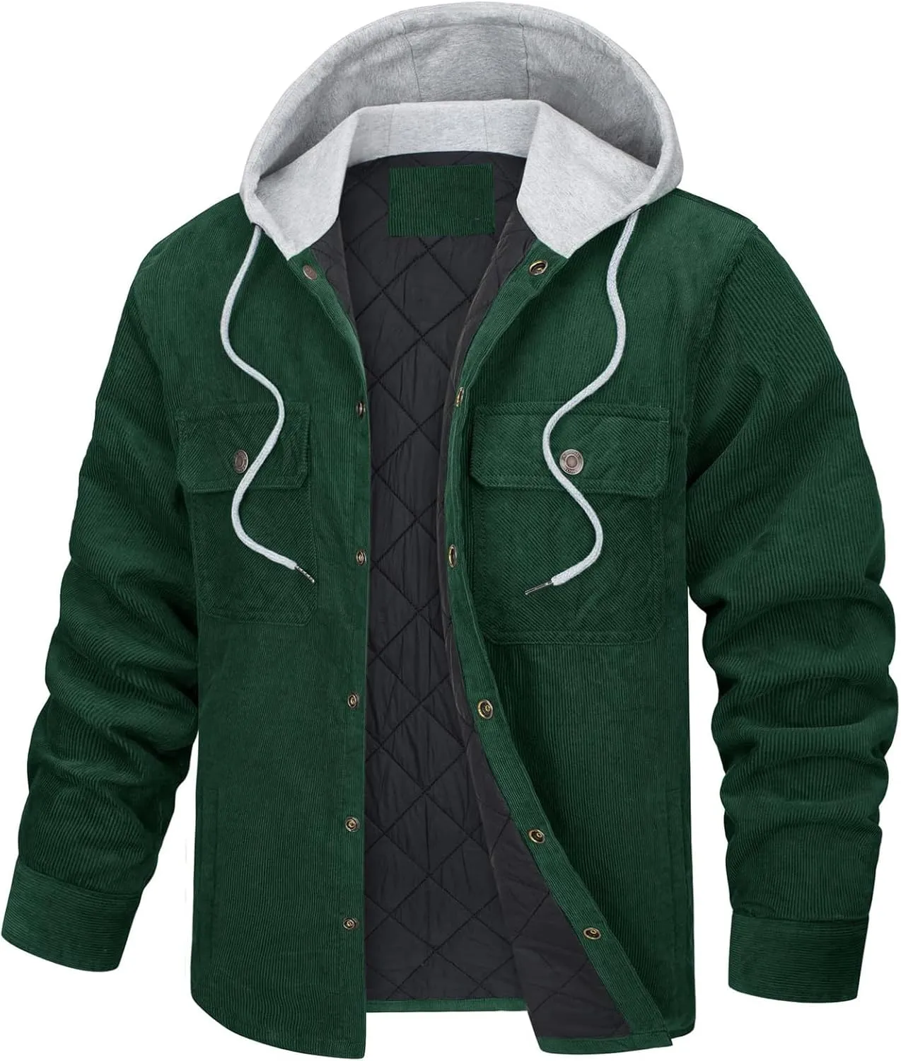 WENKOMG1 Mens Corduroy Coat Winter Fall Quilted Lined Shirt Jacket Long Sleeve Snap Button Down Hooded Outerwear Jacket