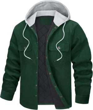 WENKOMG1 Mens Corduroy Coat Winter Fall Quilted Lined Shirt Jacket Long Sleeve Snap Button Down Hooded Outerwear Jacket