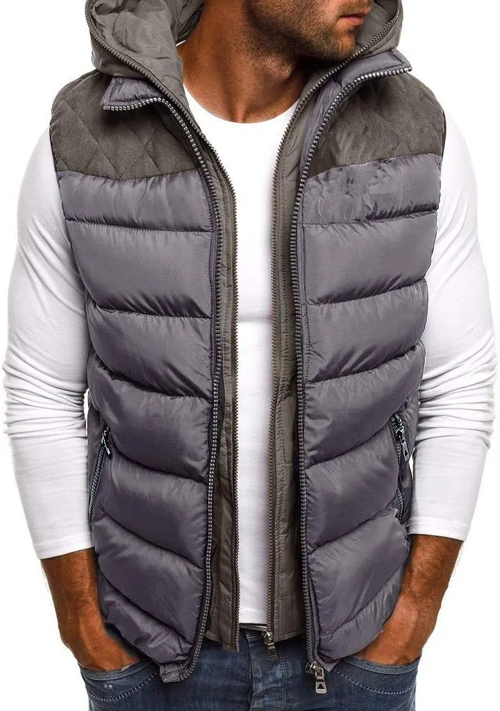WENKOMG1 Mens Quilted Vest,Zip Up Hooded Waistcoat Warm Cozy Puffer Vest Solid Comfy Sleeveless Outerwear