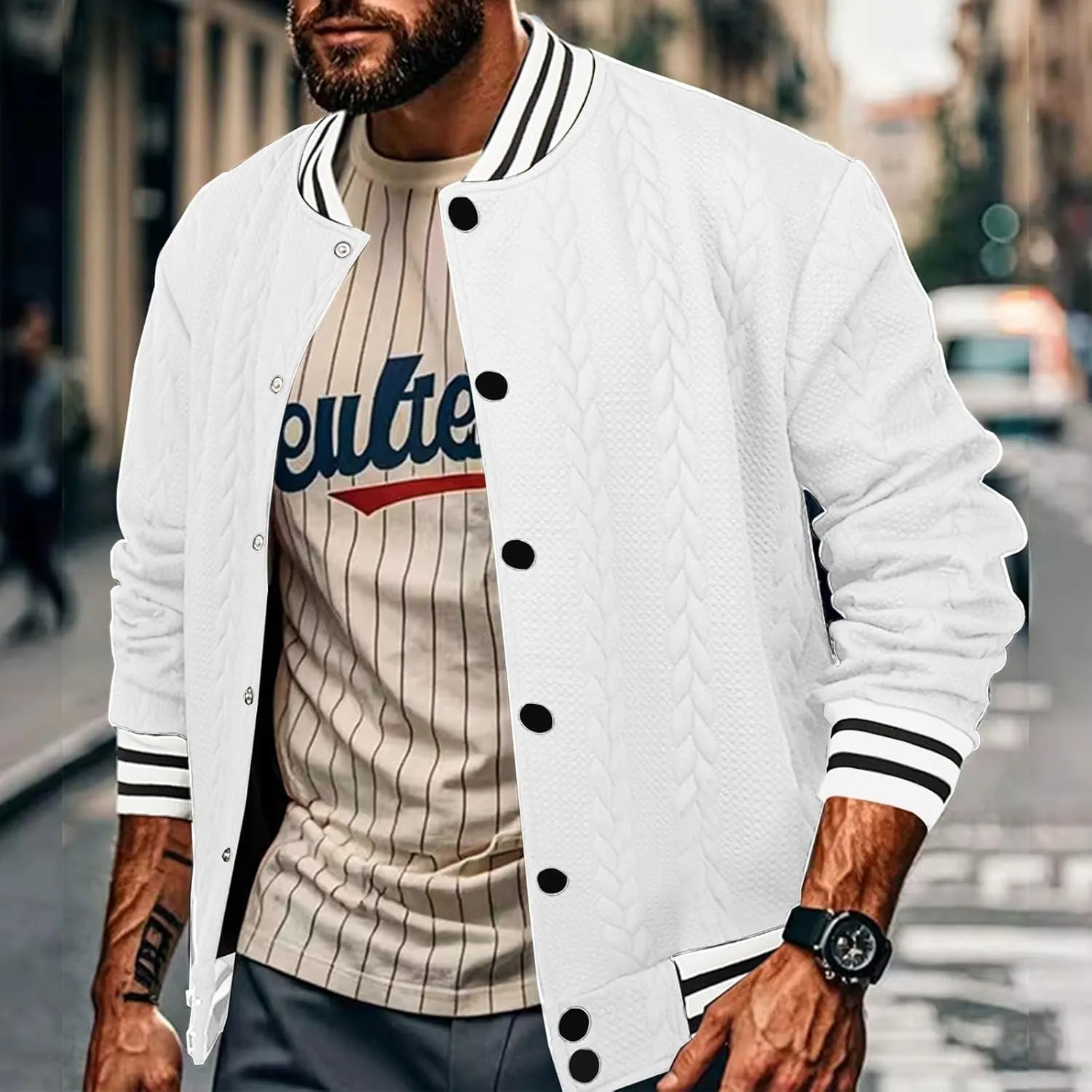 WENKOMG1 Mens Vasity Letterman Jacket Long Sleeve Slim Fit Textured Cotton Blend Baseball Jacket Fashion Bomber Jackets