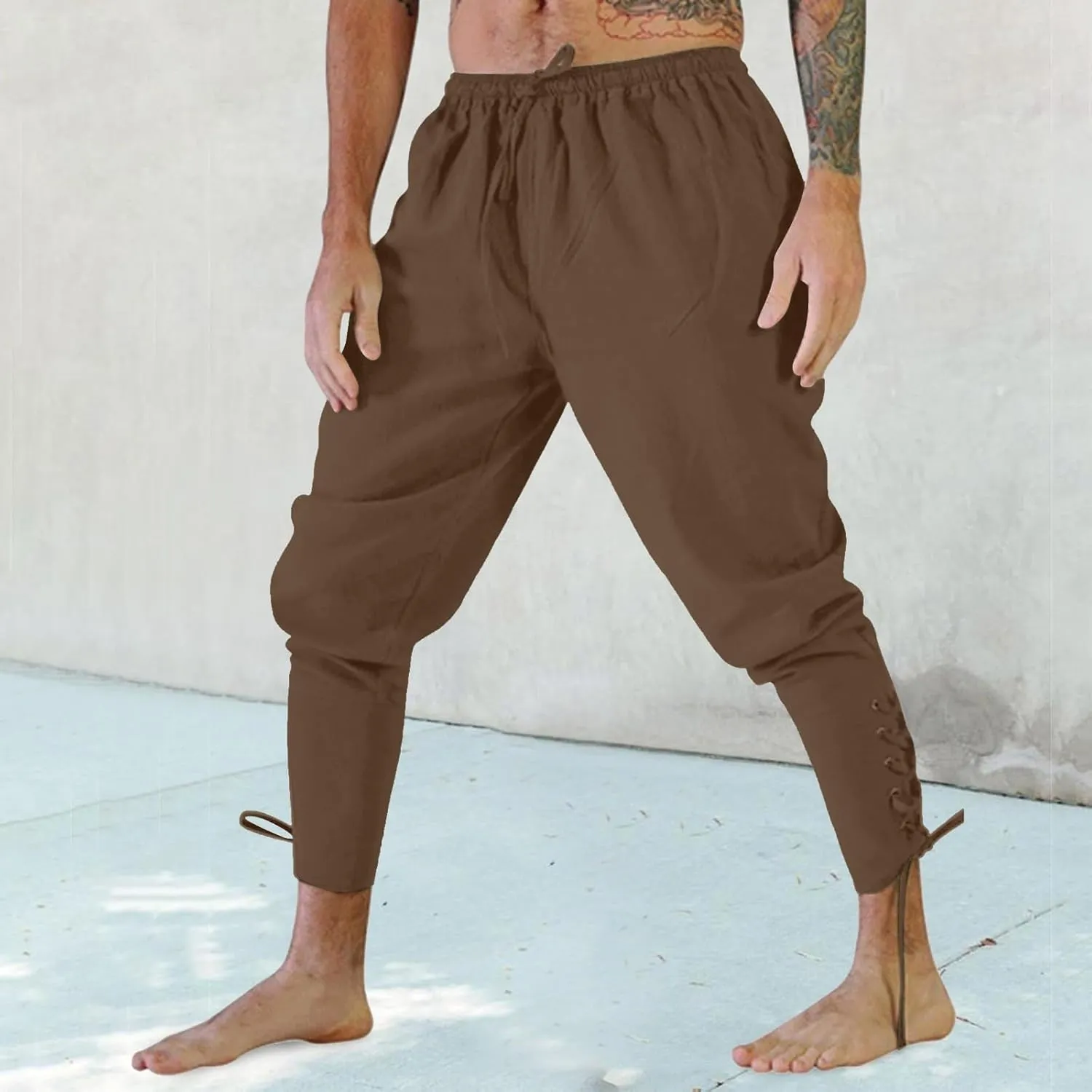 White Linen Pants Men Drawstring Elastic Waist Holiday Yoga Pants Casual Baggy Comfort Capri Trousers with Pockets