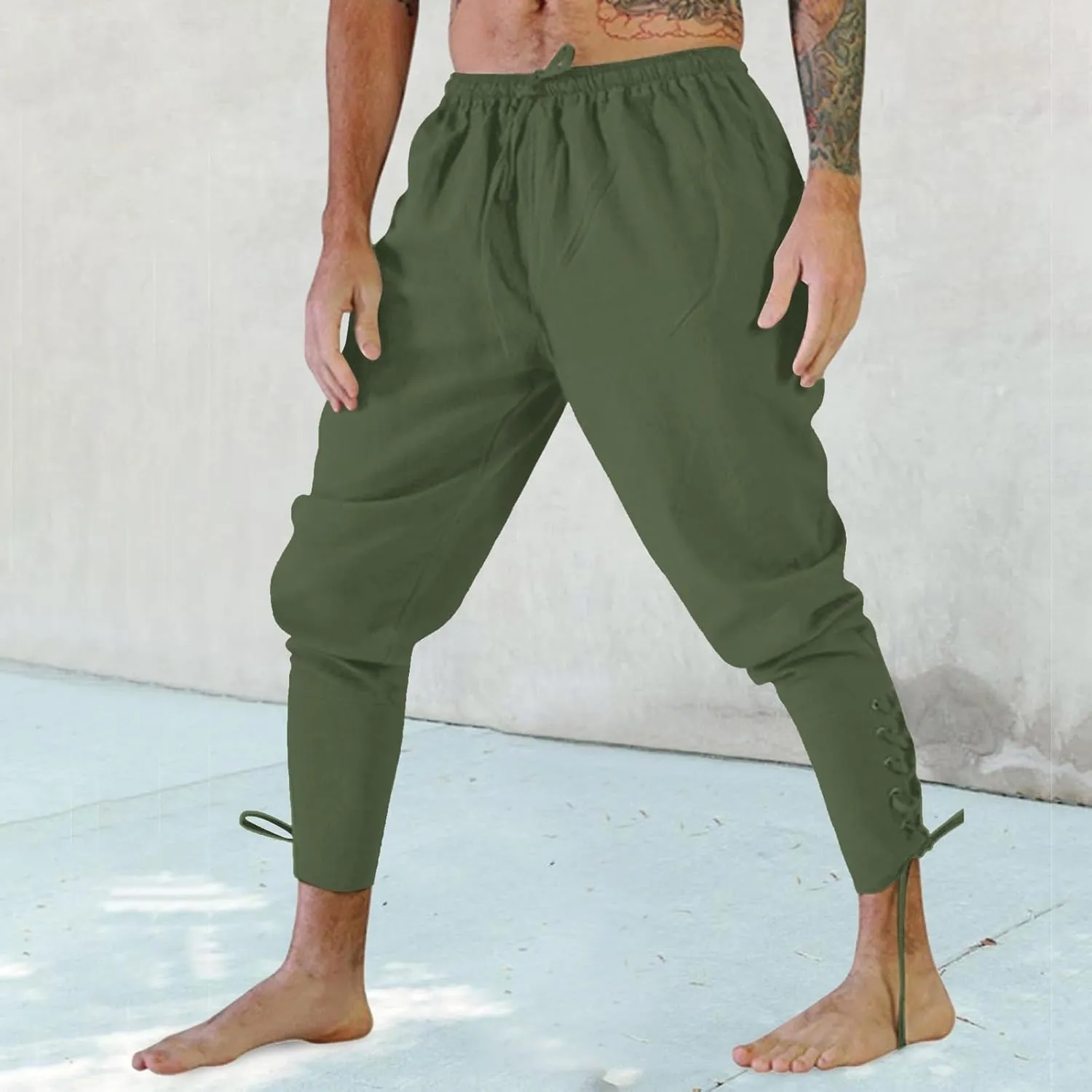 White Linen Pants Men Drawstring Elastic Waist Holiday Yoga Pants Casual Baggy Comfort Capri Trousers with Pockets