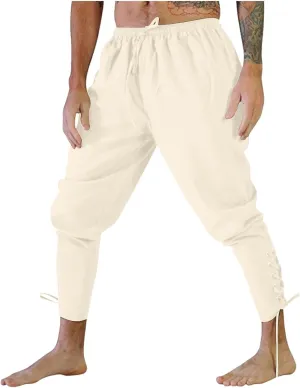 White Linen Pants Men Drawstring Elastic Waist Holiday Yoga Pants Casual Baggy Comfort Capri Trousers with Pockets
