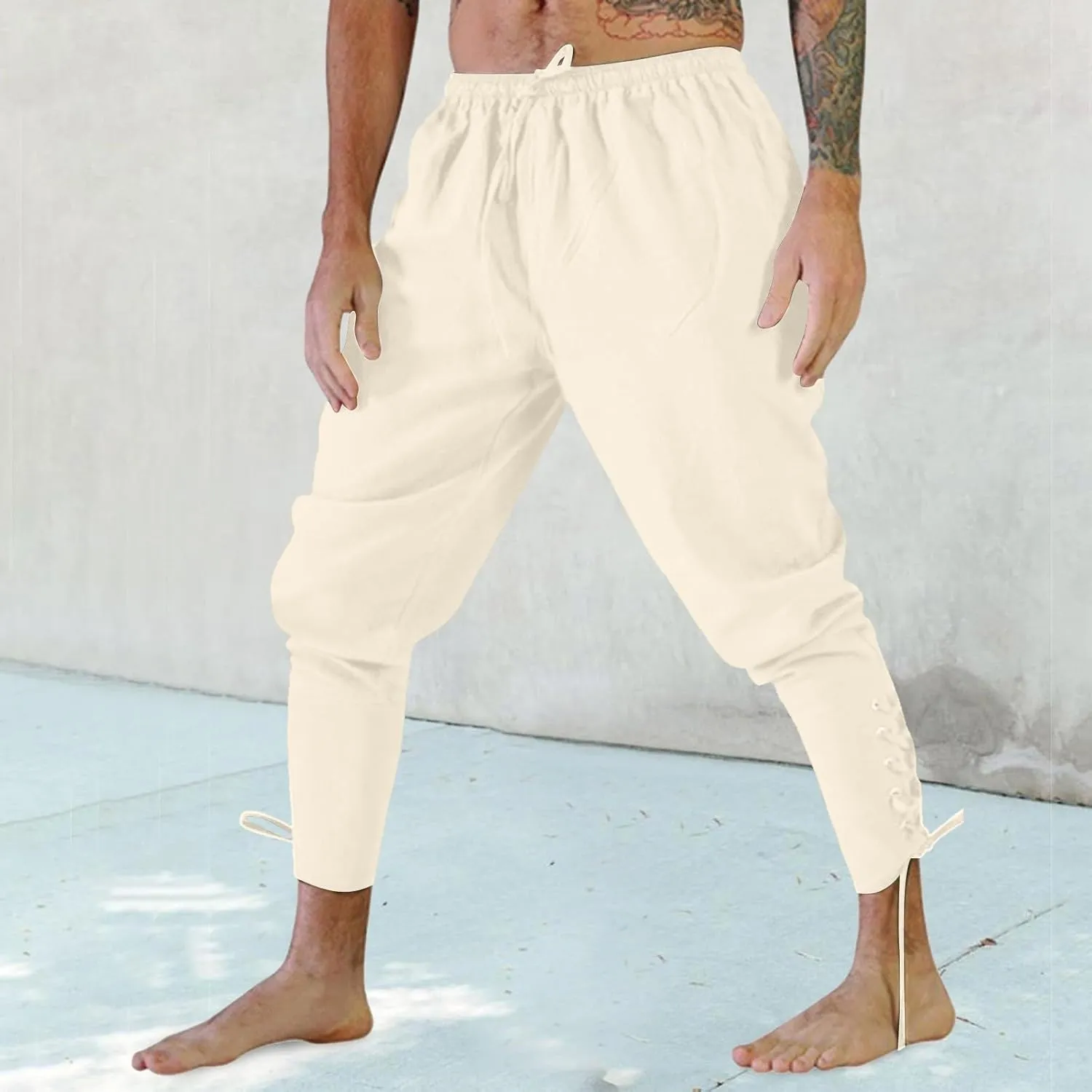 White Linen Pants Men Drawstring Elastic Waist Holiday Yoga Pants Casual Baggy Comfort Capri Trousers with Pockets