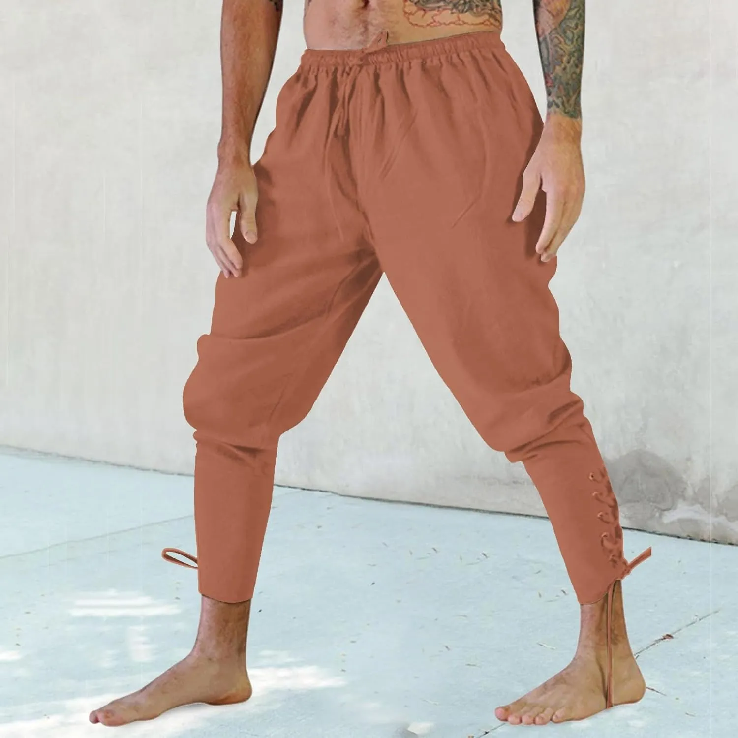 White Linen Pants Men Drawstring Elastic Waist Holiday Yoga Pants Casual Baggy Comfort Capri Trousers with Pockets