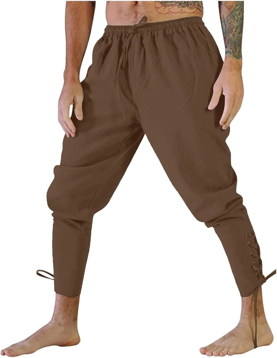 White Linen Pants Men Drawstring Elastic Waist Holiday Yoga Pants Casual Baggy Comfort Capri Trousers with Pockets