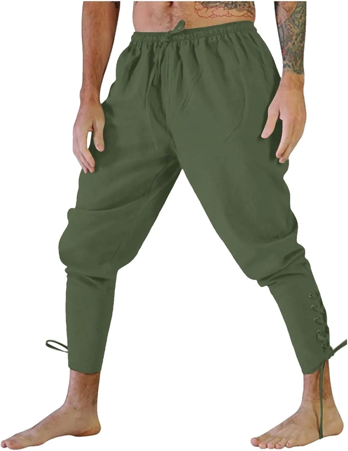White Linen Pants Men Drawstring Elastic Waist Holiday Yoga Pants Casual Baggy Comfort Capri Trousers with Pockets