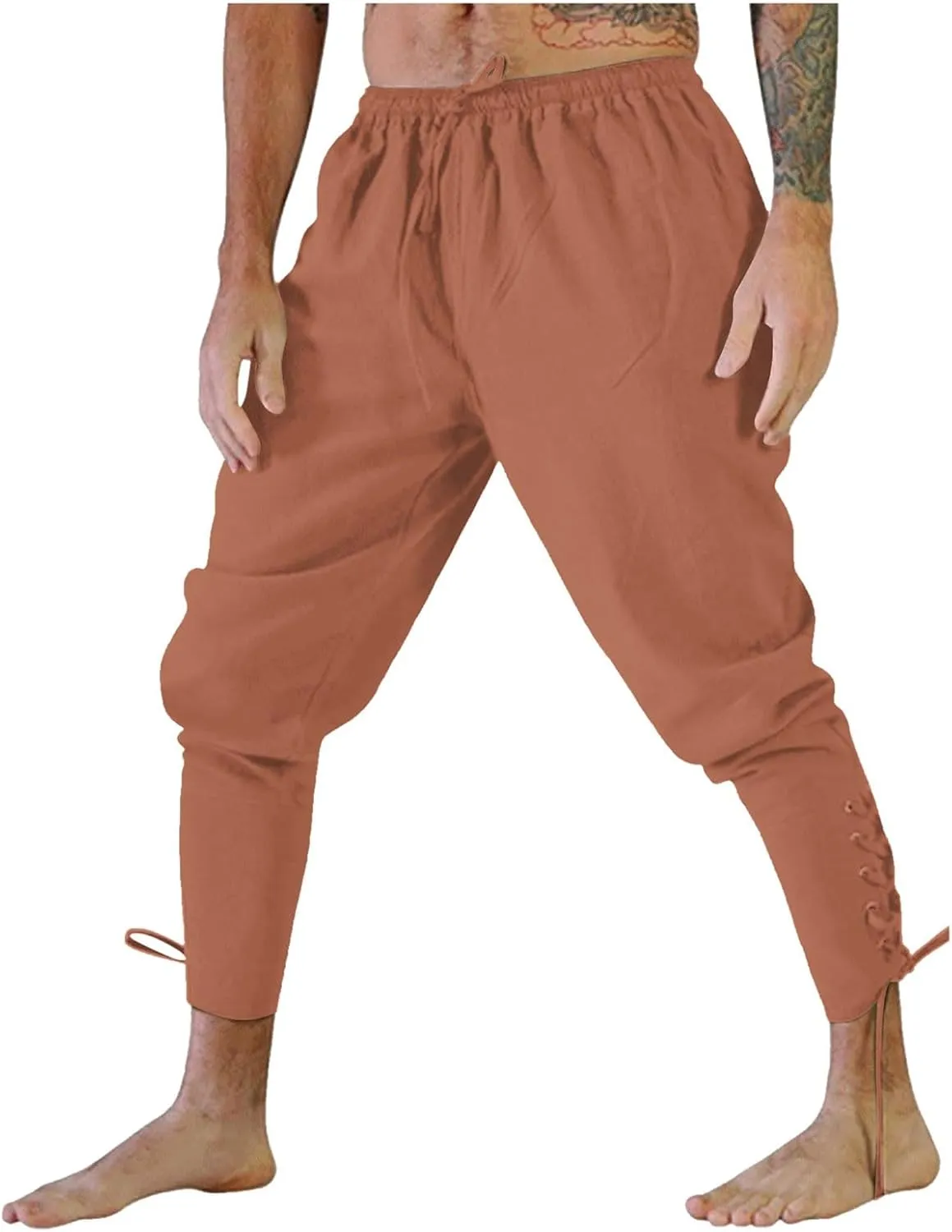 White Linen Pants Men Drawstring Elastic Waist Holiday Yoga Pants Casual Baggy Comfort Capri Trousers with Pockets