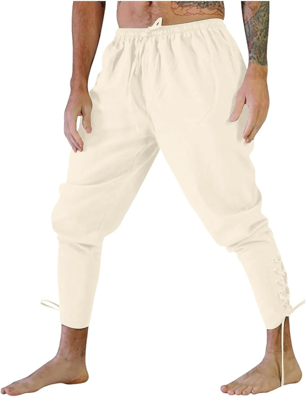White Linen Pants Men Drawstring Elastic Waist Holiday Yoga Pants Casual Baggy Comfort Capri Trousers with Pockets