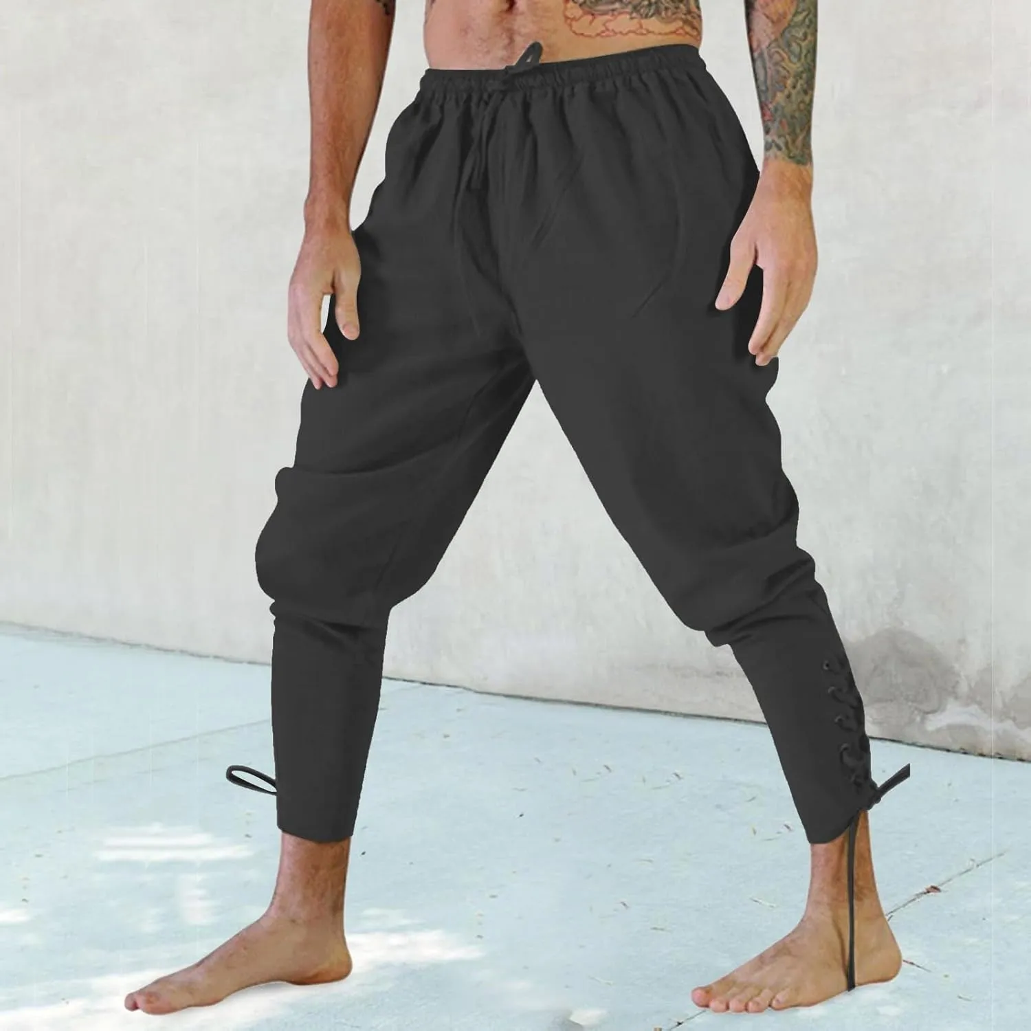 White Linen Pants Men Drawstring Elastic Waist Holiday Yoga Pants Casual Baggy Comfort Capri Trousers with Pockets