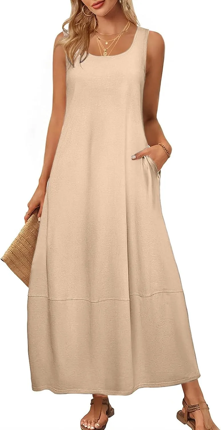 Women Casual Maxi Sundress 2025 Summer Sleeveless Beach Dress Crewneck Loose Ruffle Hem Flowy Tank Dresses with Pockets