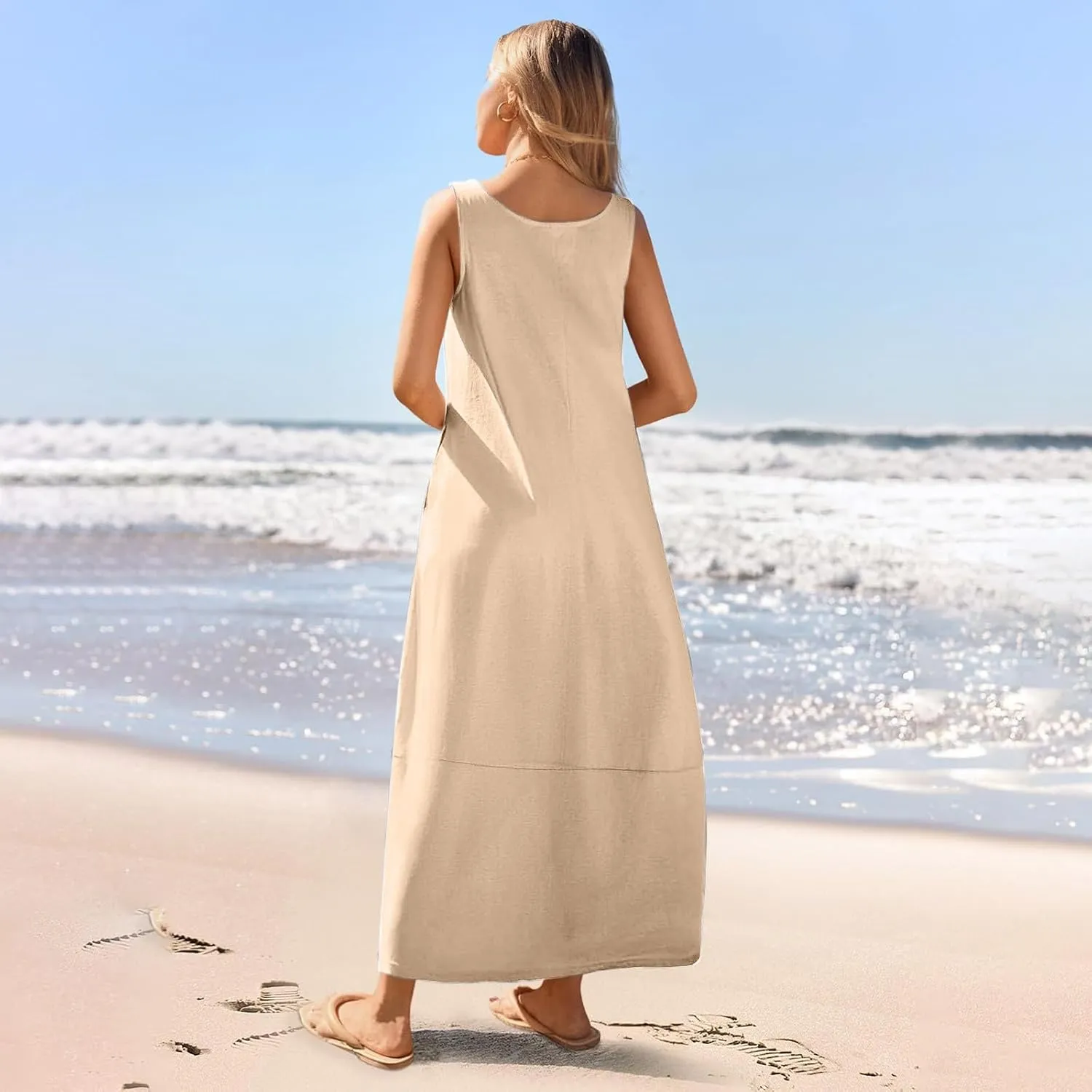 Women Casual Maxi Sundress 2025 Summer Sleeveless Beach Dress Crewneck Loose Ruffle Hem Flowy Tank Dresses with Pockets
