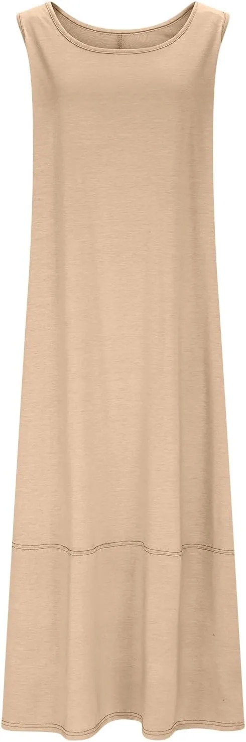 Women Casual Maxi Sundress 2025 Summer Sleeveless Beach Dress Crewneck Loose Ruffle Hem Flowy Tank Dresses with Pockets