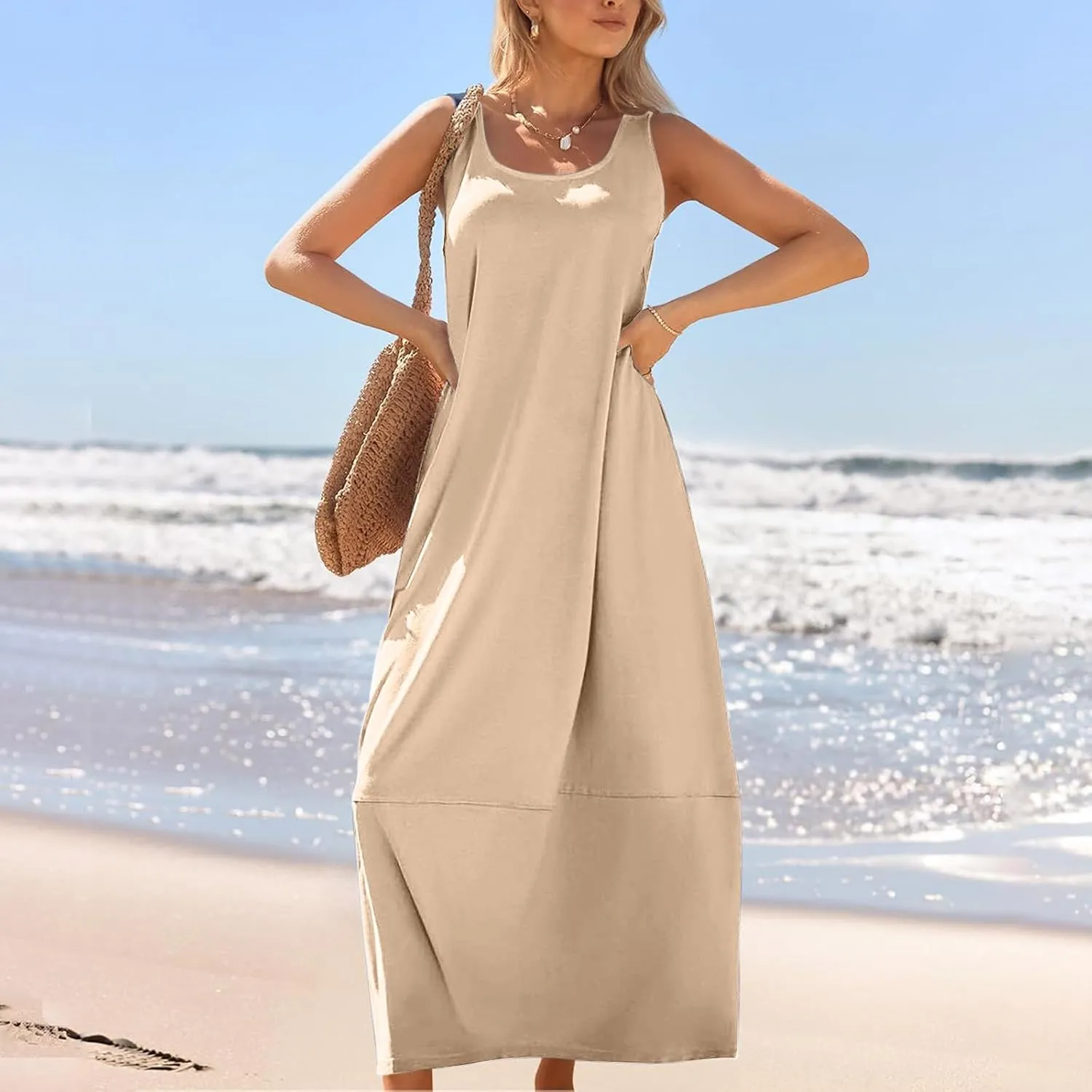 Women Casual Maxi Sundress 2025 Summer Sleeveless Beach Dress Crewneck Loose Ruffle Hem Flowy Tank Dresses with Pockets