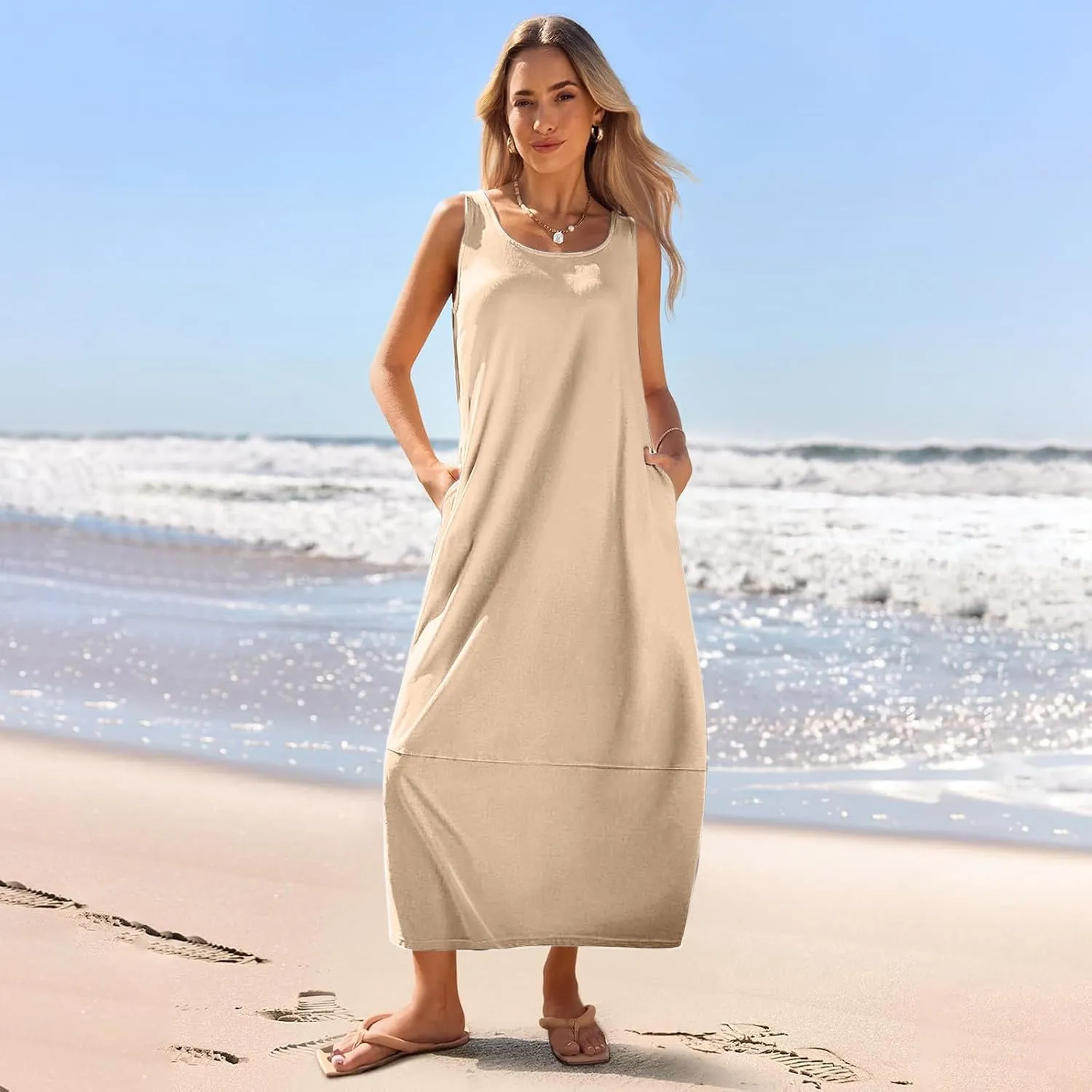 Women Casual Maxi Sundress 2025 Summer Sleeveless Beach Dress Crewneck Loose Ruffle Hem Flowy Tank Dresses with Pockets