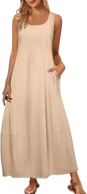 Women Casual Maxi Sundress 2025 Summer Sleeveless Beach Dress Crewneck Loose Ruffle Hem Flowy Tank Dresses with Pockets