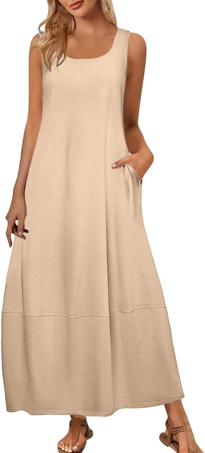 Women Casual Maxi Sundress 2025 Summer Sleeveless Beach Dress Crewneck Loose Ruffle Hem Flowy Tank Dresses with Pockets