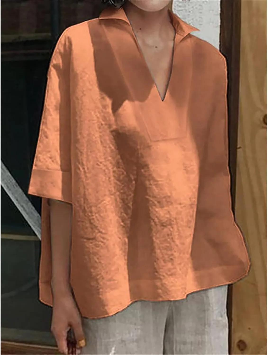 Women Cotton Linen Blouse Collared V-Neck Half Sleeve Batwing Oversized Loose Summer Top Solid Color Plain T-Shirt
