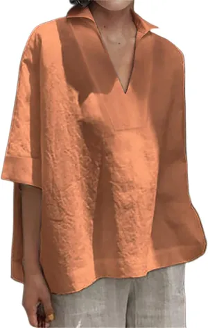 Women Cotton Linen Blouse Collared V-Neck Half Sleeve Batwing Oversized Loose Summer Top Solid Color Plain T-Shirt