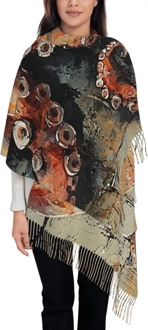 Women Pashmina Shawls Wraps Scarf for Evening Dress Large Warm Soft Winter Scarves, Coral Octopus Watercolor Retro Vintage