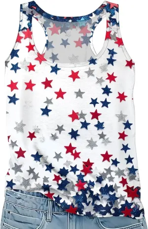 Women Patriotic 4th of July Tank Tops Crewneck Sleeveless American Flag Print Vest Star USA Flag Tee Summer Shirts