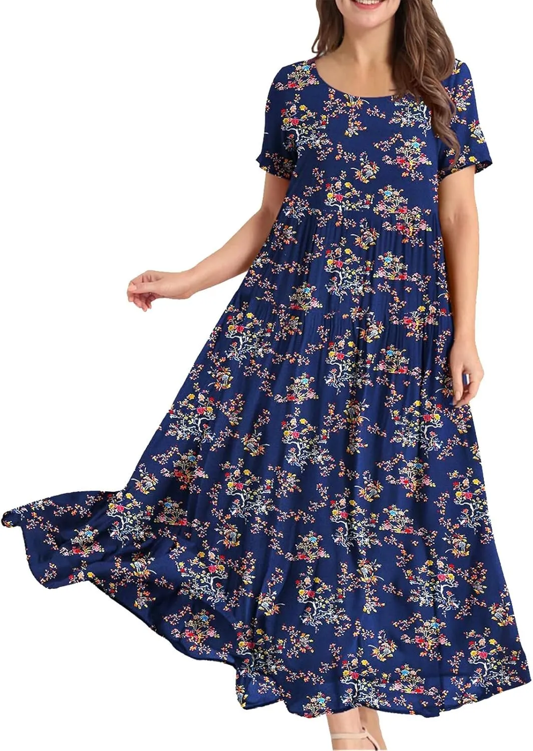 Women Summer Dresses Short Sleeves Crew Neck Casual Beach Maxi Dresses Floral Prints Flowy Boho Long Swing Dress