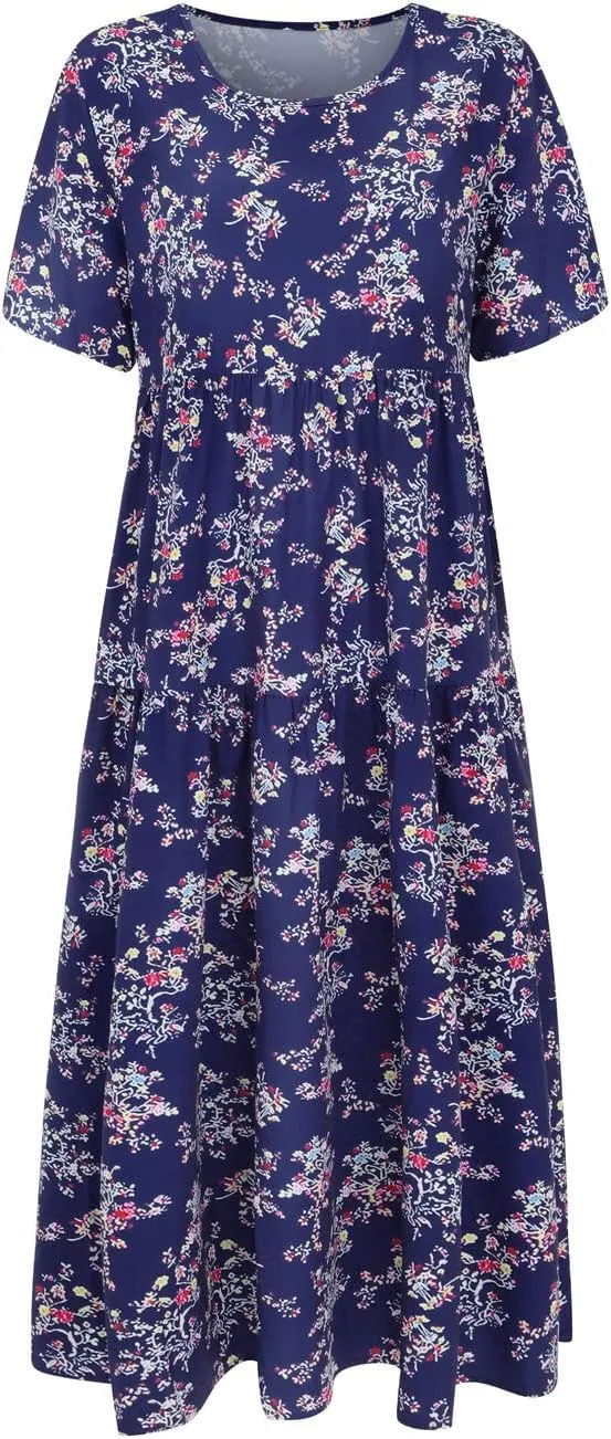 Women Summer Dresses Short Sleeves Crew Neck Casual Beach Maxi Dresses Floral Prints Flowy Boho Long Swing Dress