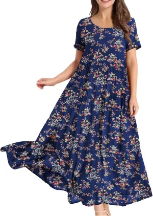 Women Summer Dresses Short Sleeves Crew Neck Casual Beach Maxi Dresses Floral Prints Flowy Boho Long Swing Dress