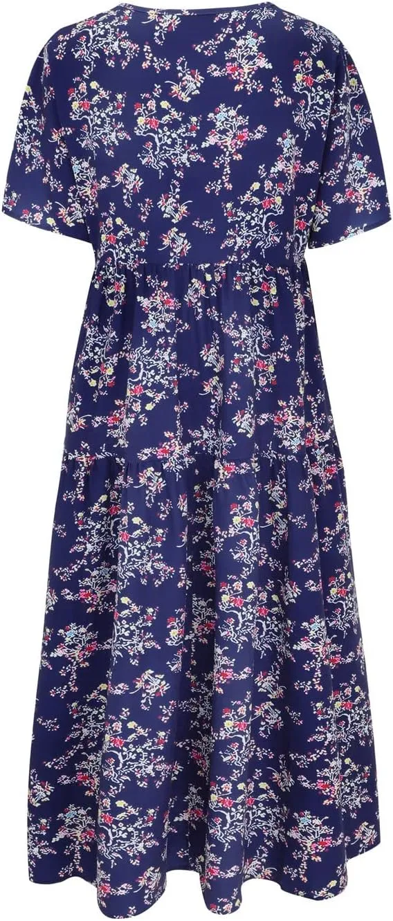 Women Summer Dresses Short Sleeves Crew Neck Casual Beach Maxi Dresses Floral Prints Flowy Boho Long Swing Dress