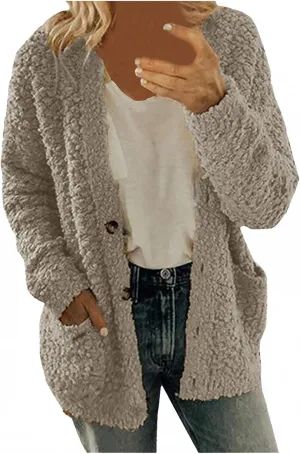 Women Warm Plush Coats Plus Size Sweater Cardigans Button Zipper Hooded Jacket Casual Solid Color Fleece Outerwear Tops