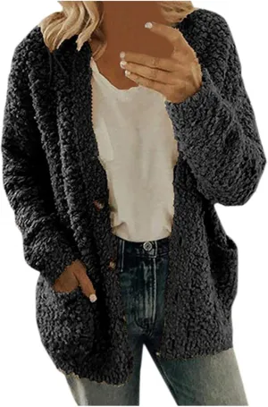Women Warm Plush Coats Plus Size Sweater Cardigans Button Zipper Hooded Jacket Casual Solid Color Fleece Outerwear Tops
