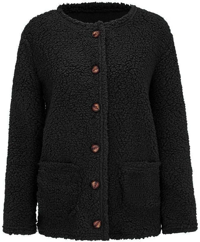 Women Warm Plush Coats Plus Size Sweater Cardigans Button Zipper Hooded Jacket Casual Solid Color Fleece Outerwear Tops