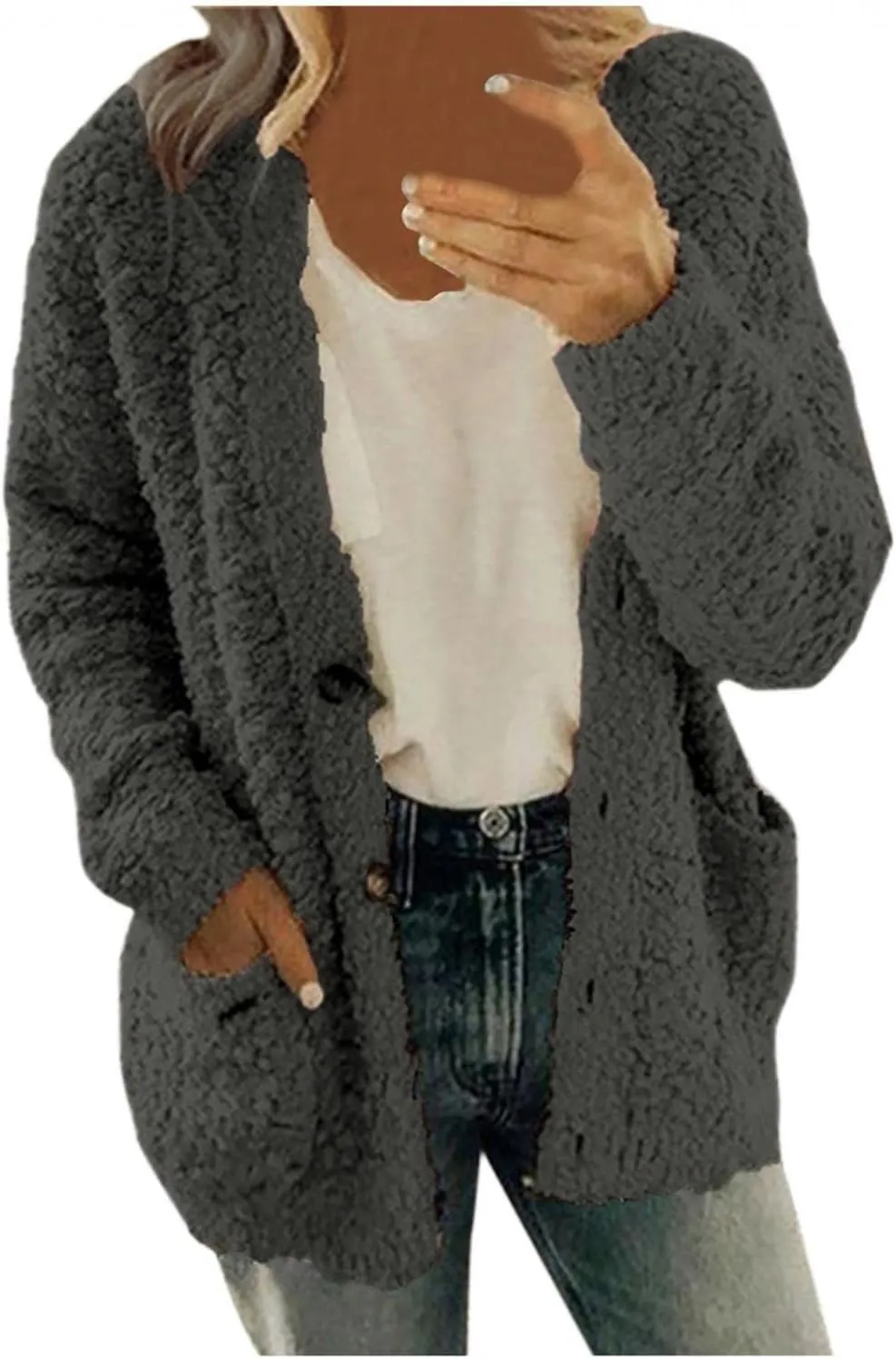Women Warm Plush Coats Plus Size Sweater Cardigans Button Zipper Hooded Jacket Casual Solid Color Fleece Outerwear Tops